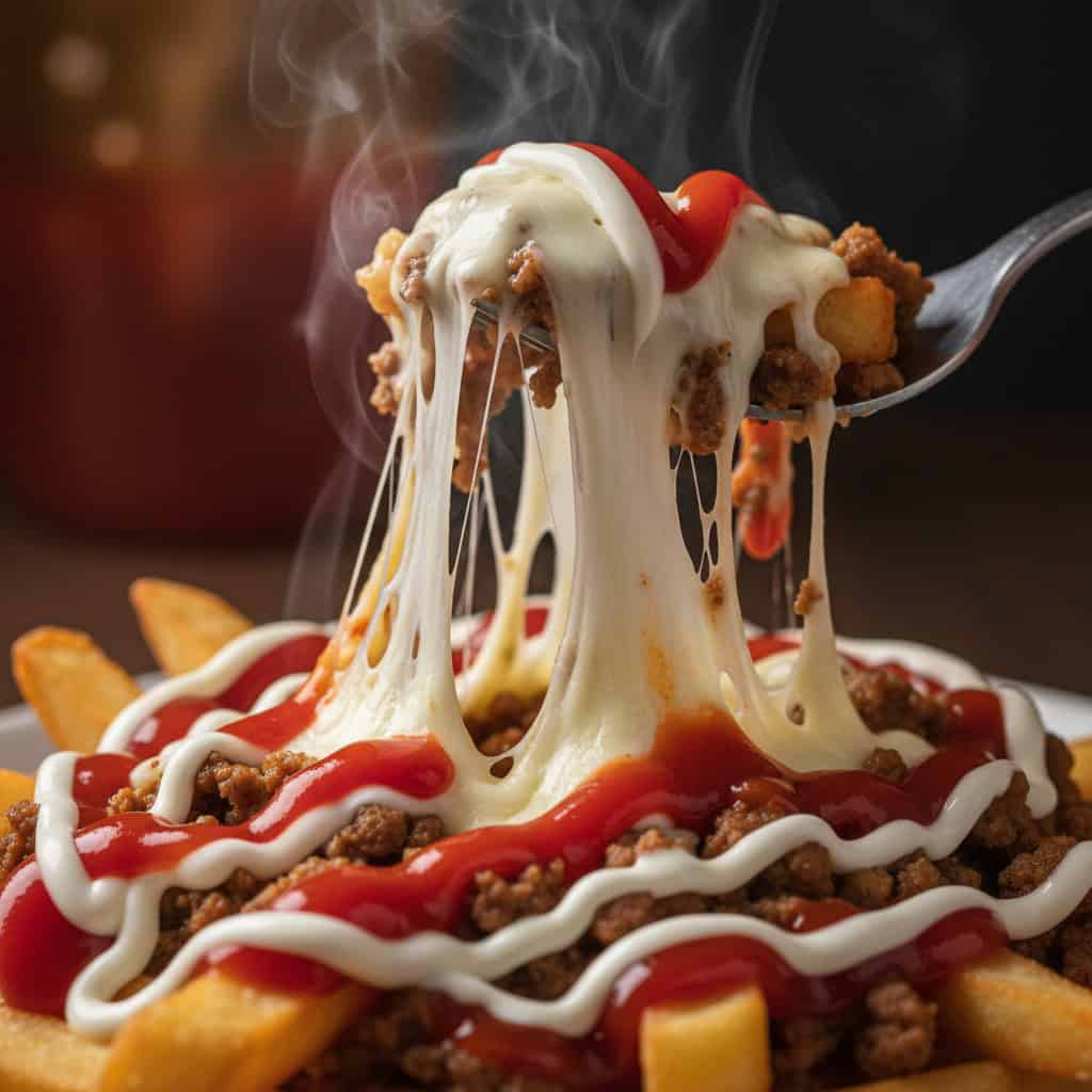 Close-up of yaroa cheese pull with golden cheese stretching from fork