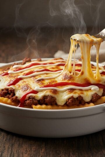 Yaroa dominicana with golden crispy fries seasoned beef and melted cheese with ketchup mayo drizzle