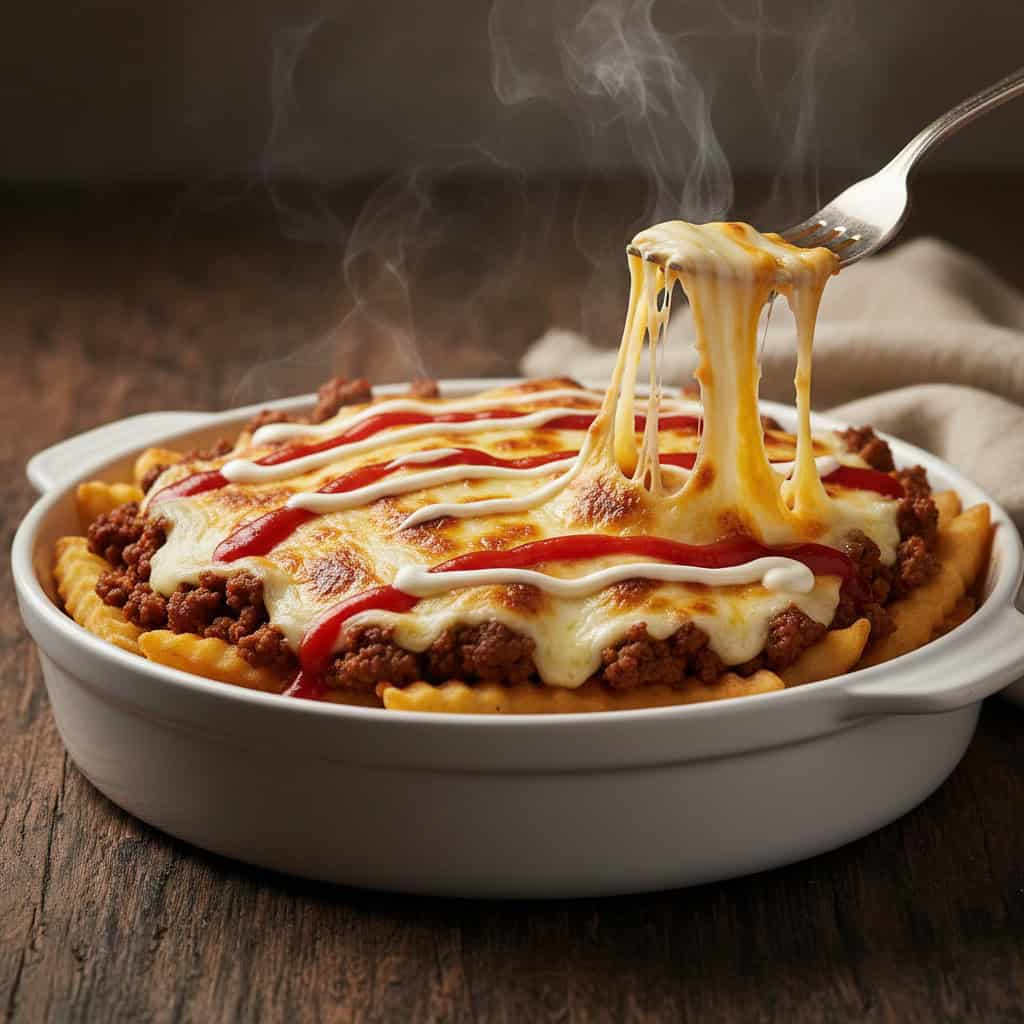 Yaroa dominicana with golden crispy fries seasoned beef and melted cheese with ketchup mayo drizzle