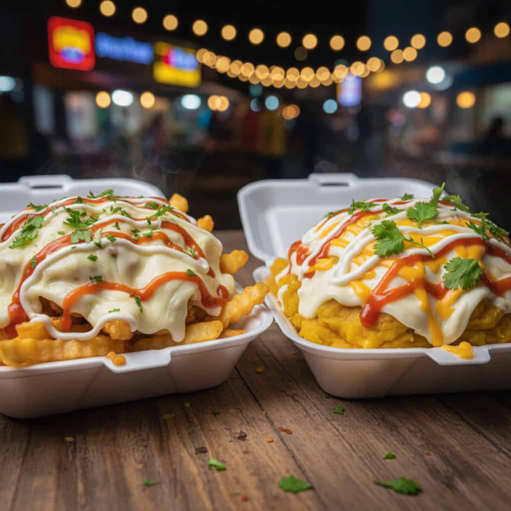 Two versions of yaroa side by side - de papa with fries and de plátano with mashed plantains