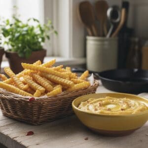 French fries and mashed sweet plantains being prepared as bases for yaroa