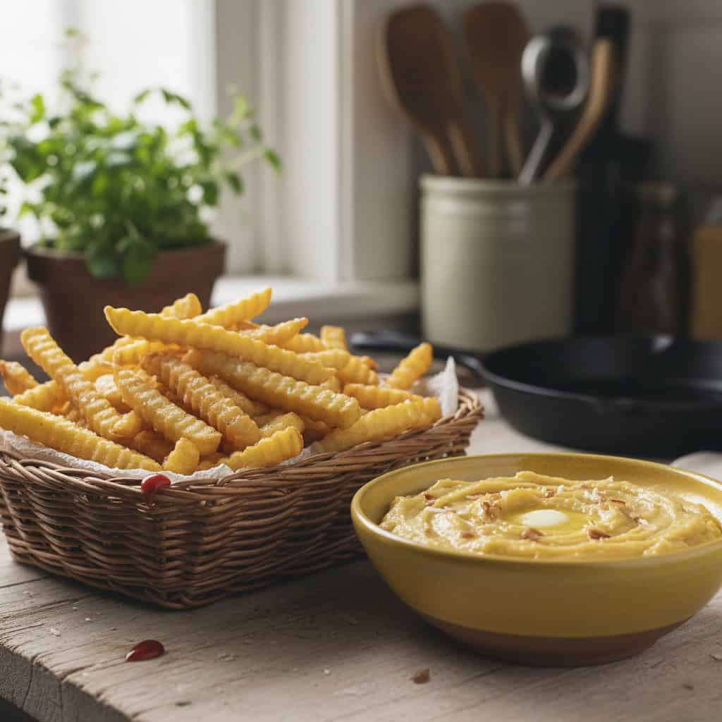 French fries and mashed sweet plantains being prepared as bases for yaroa