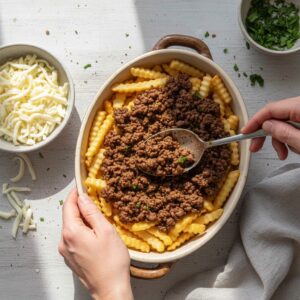 Hands building yaroa layers in oven dish - fries, seasoned beef, then cheese on top