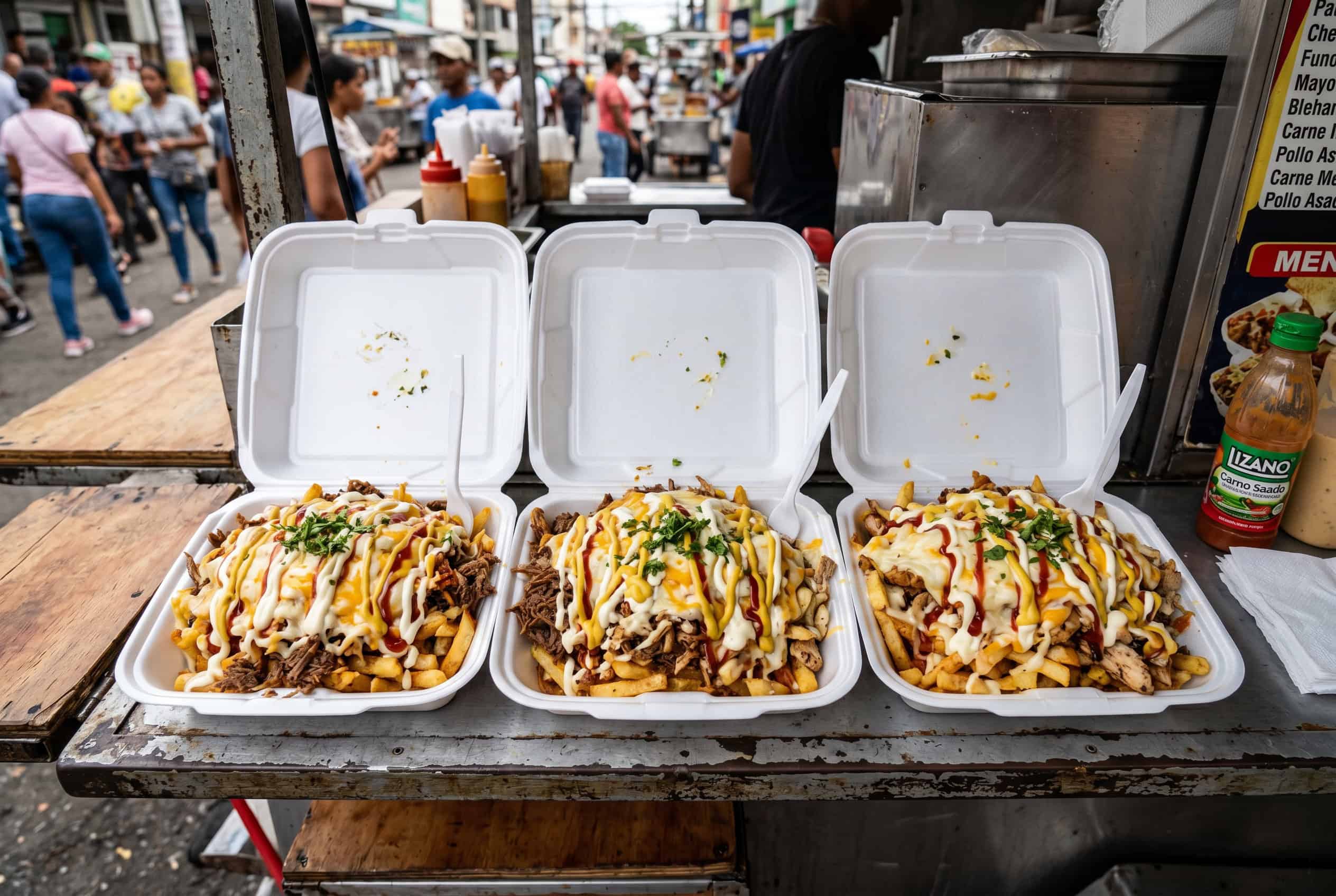 Yaroa dominicana in styrofoam containers Dominican street food style