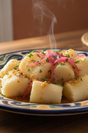 Yuca con mojo - boiled cassava topped with sizzling garlic citrus oil and pickled red onions