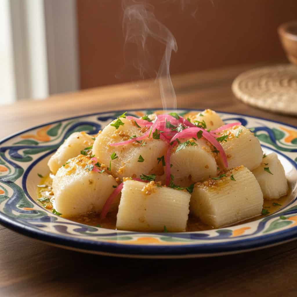 Yuca con mojo - boiled cassava topped with sizzling garlic citrus oil and pickled red onions