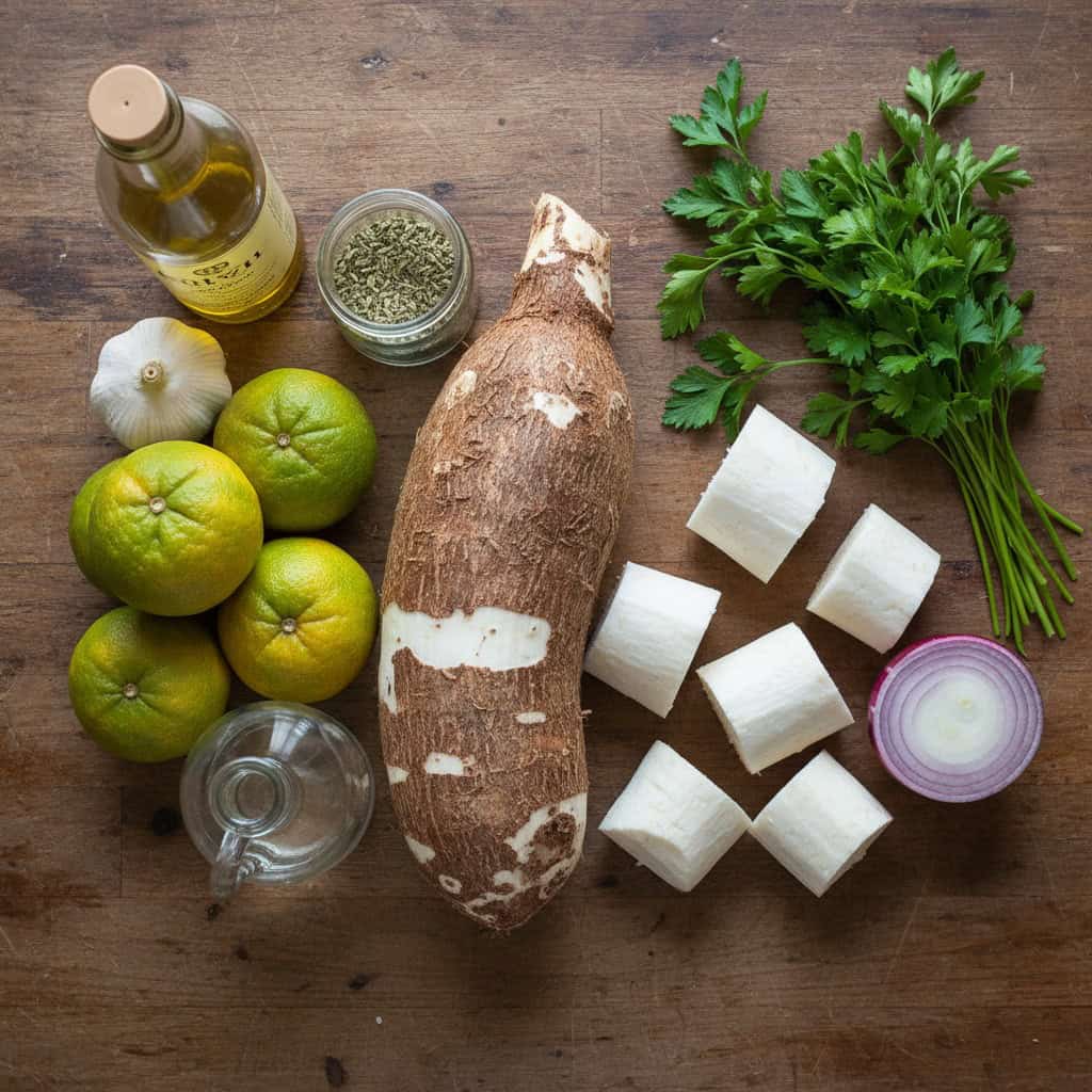 Ingredients for yuca con mojo - fresh yuca garlic sour orange olive oil oregano