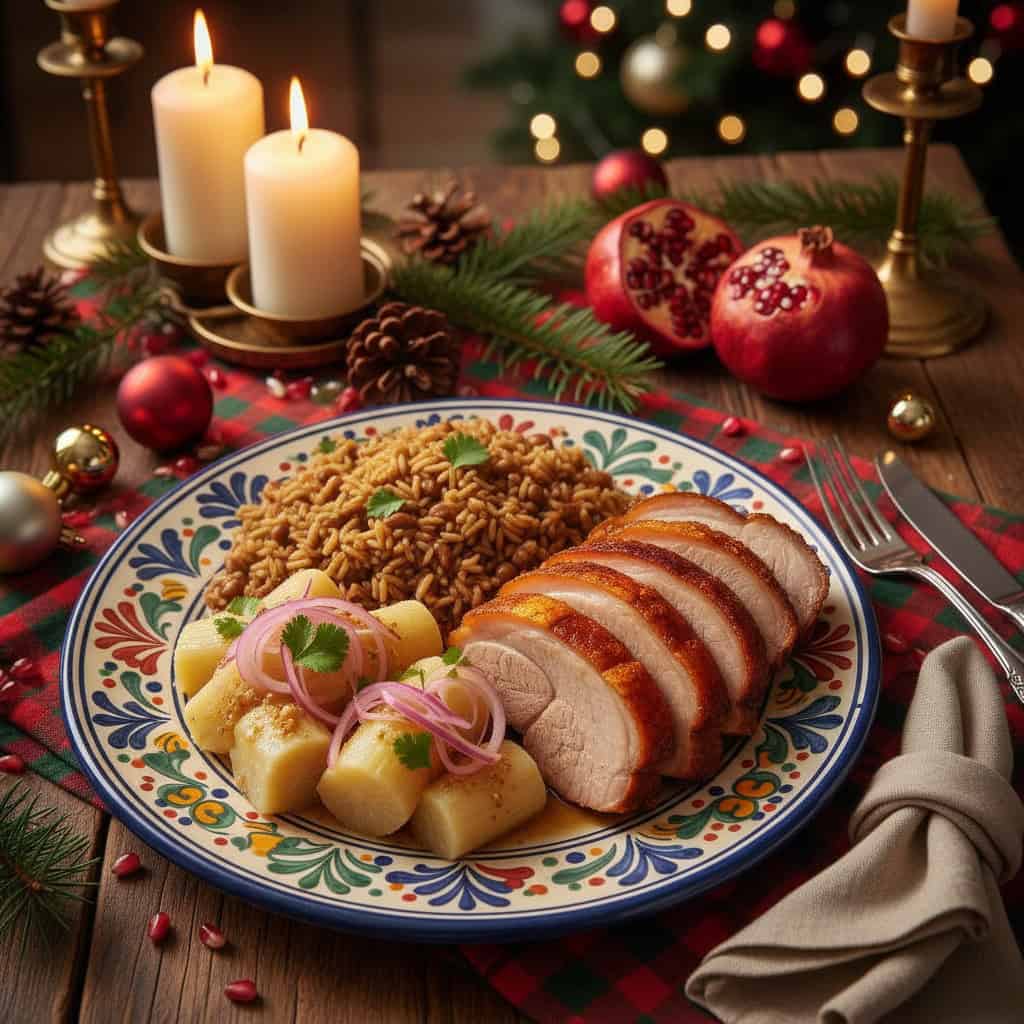 Yuca con mojo served alongside pernil and rice as part of Dominican Christmas meal