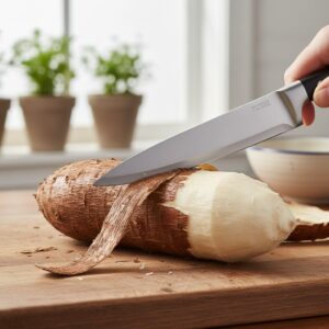 Fresh yuca being peeled to remove thick brown skin for yuca con mojo