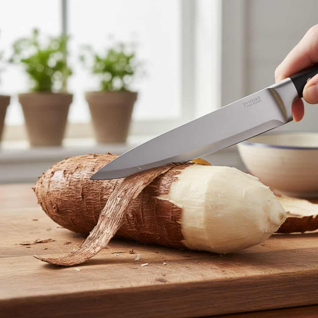 Fresh yuca being peeled to remove thick brown skin for yuca con mojo