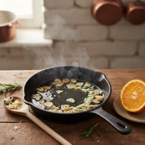 Garlic cooking in olive oil for mojo sauce for yuca