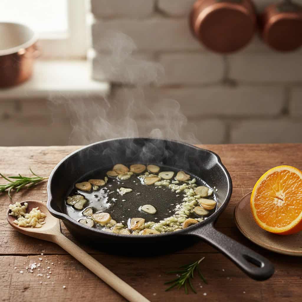 Garlic cooking in olive oil for mojo sauce for yuca