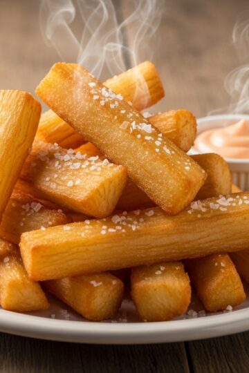 Crispy golden Dominican yuca fries piled on a rustic plate with mayo-ketchup dipping sauce