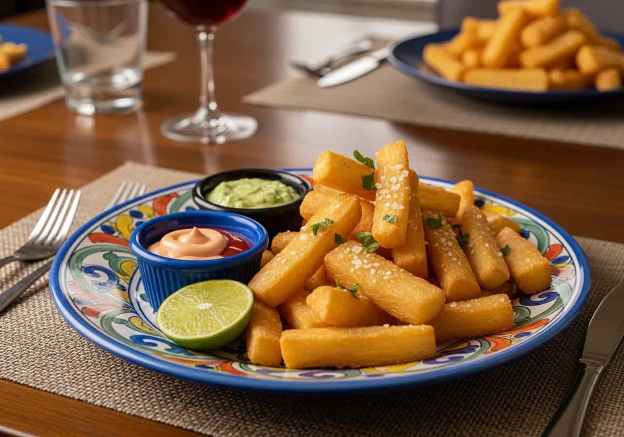 Plated Dominican yuca fries with mayo-ketchup dipping sauce on a home table