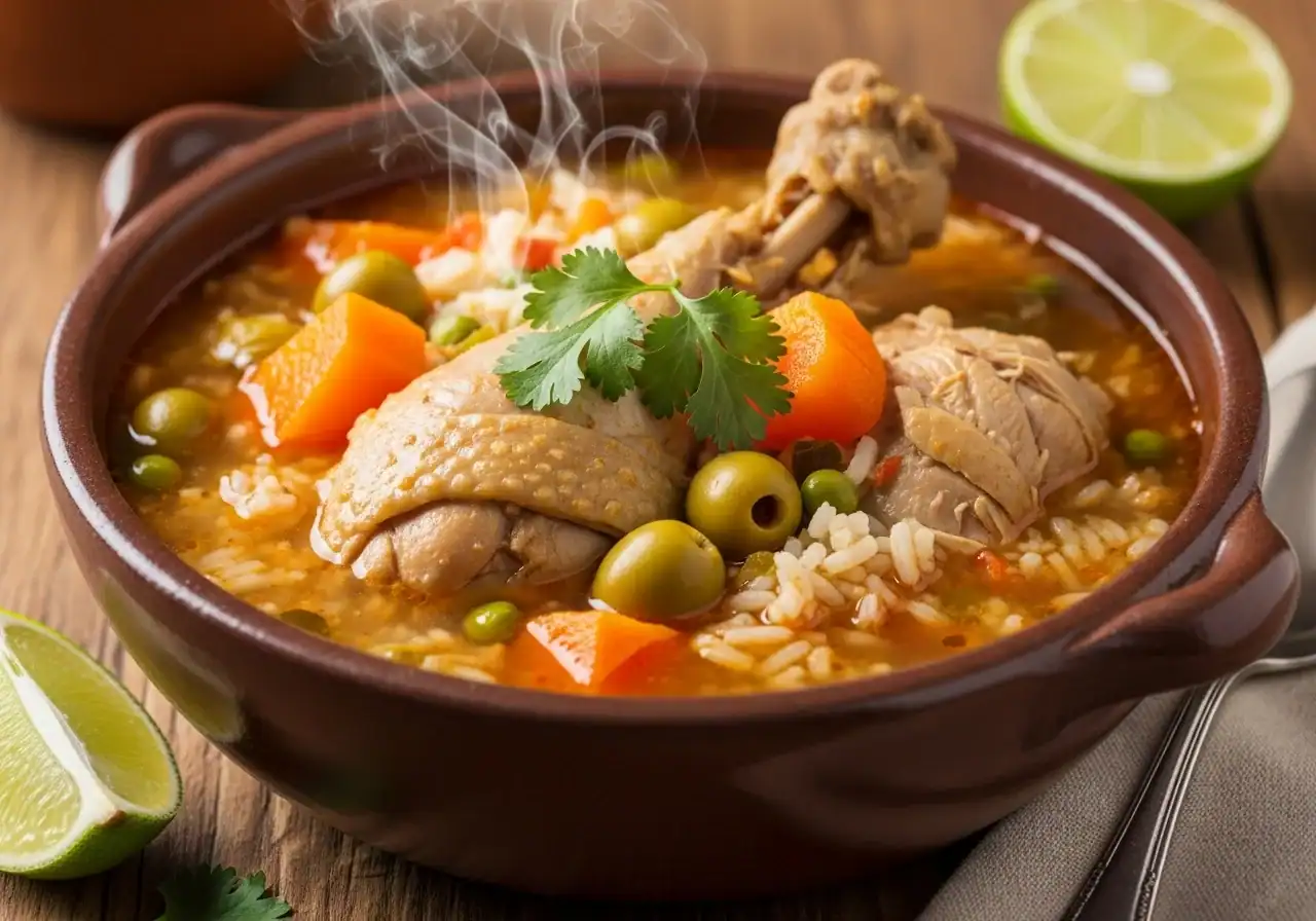 Dominican asopao de pollo in a deep bowl — thick golden-red chicken and rice stew