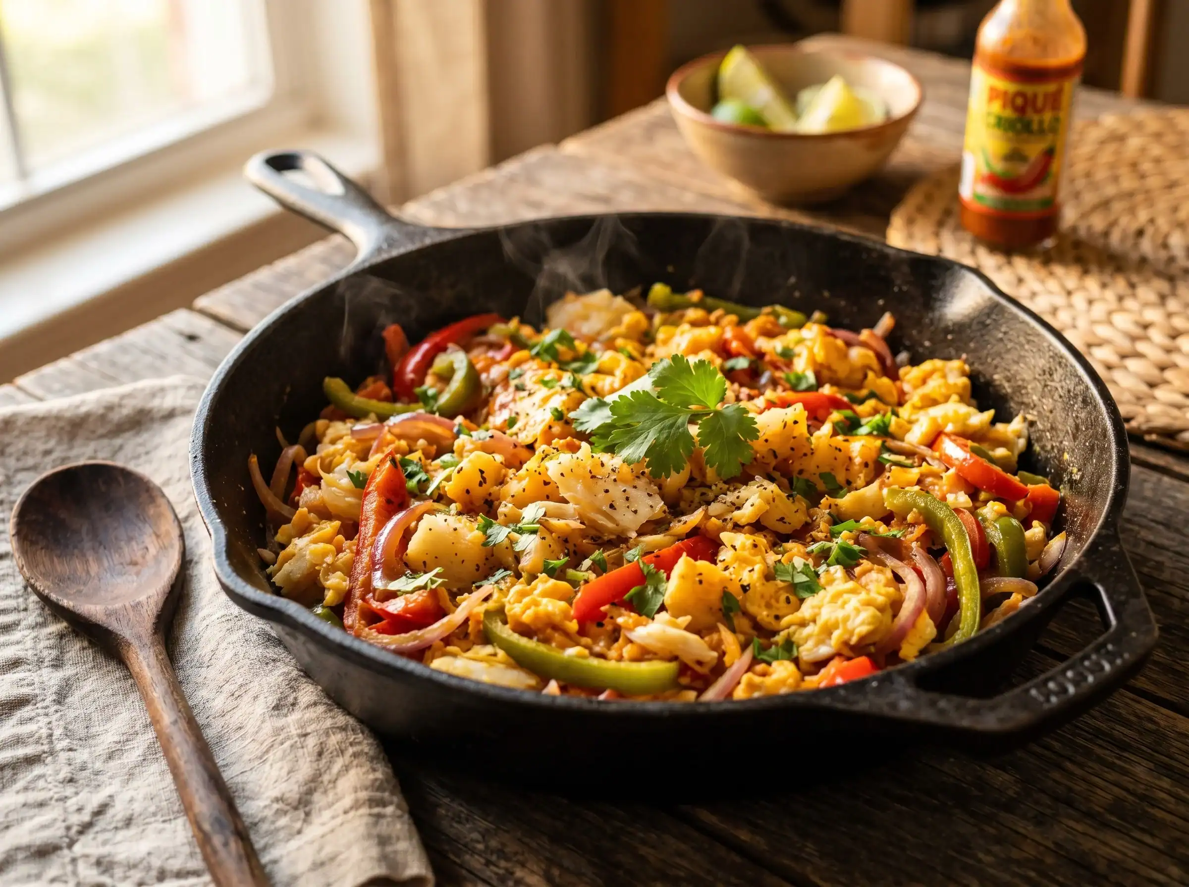 Dominican Bacalao con Huevos Recipe Dominican Bacalao con Huevos in a rustic cast iron skillet with salt cod, scrambled eggs, peppers and onions garnished with fresh cilantro