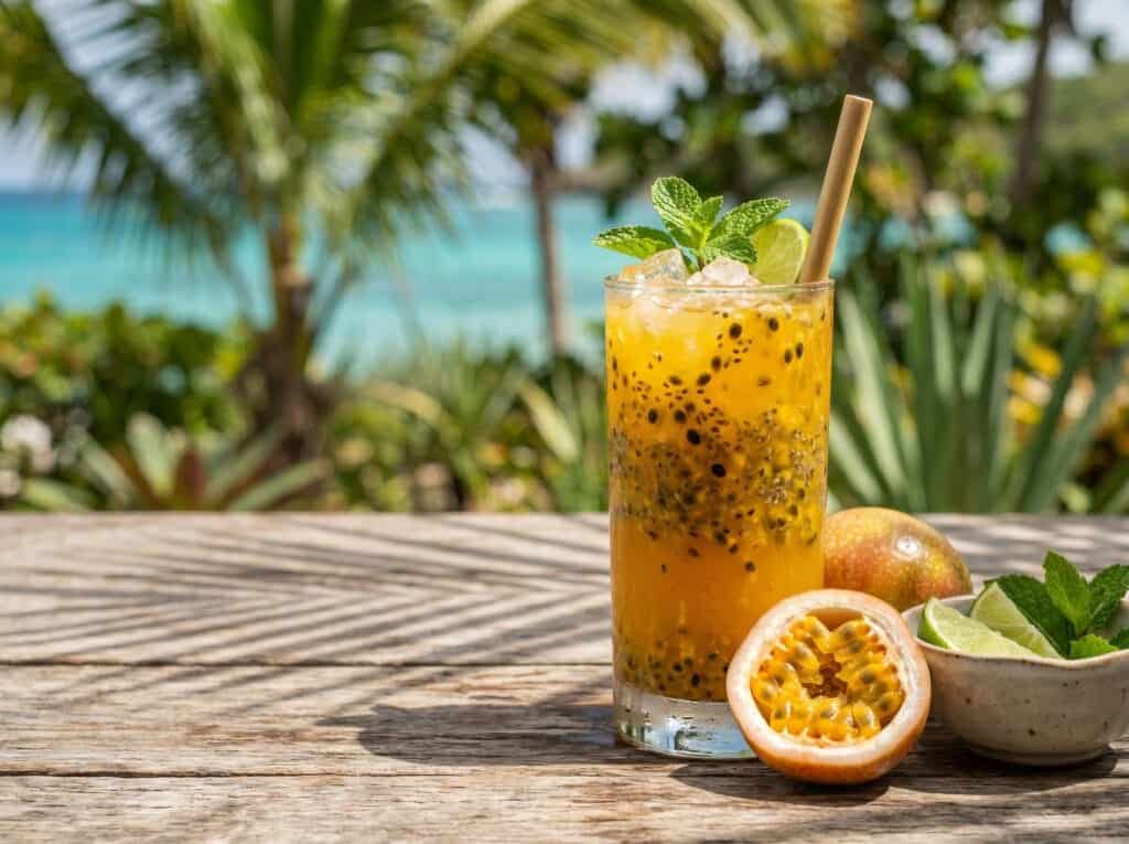 Passion fruit chia fresca with chinola pulp and lime, Caribbean variation