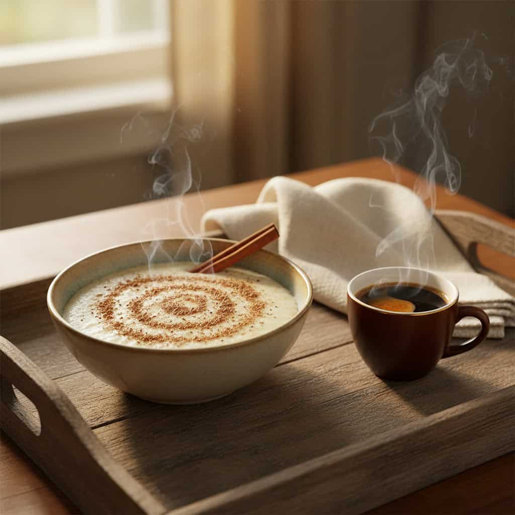 Dominican farina breakfast with cafe negro coffee on a rustic wooden morning tray