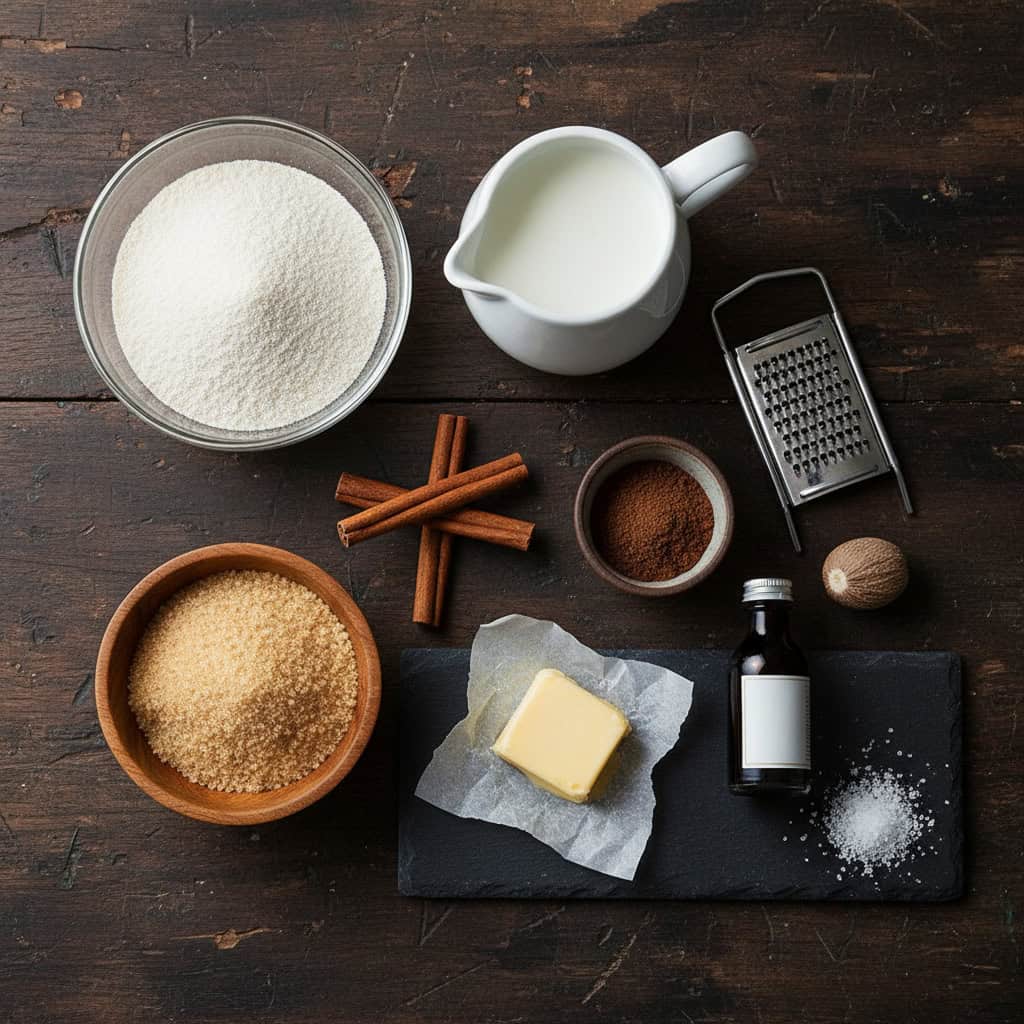 Ingredients for Dominican farina recipe laid flat on dark rustic wood surface
