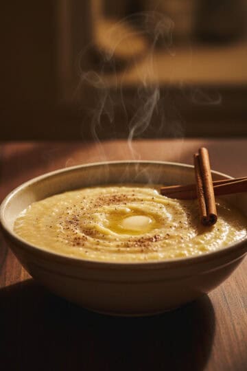 Bowl of creamy Dominican farina harina del negrito with cinnamon sticks and fresh nutmeg