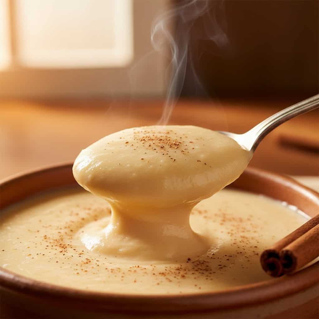 Spoon dipping into thick creamy Dominican farina showing pudding-like texture
