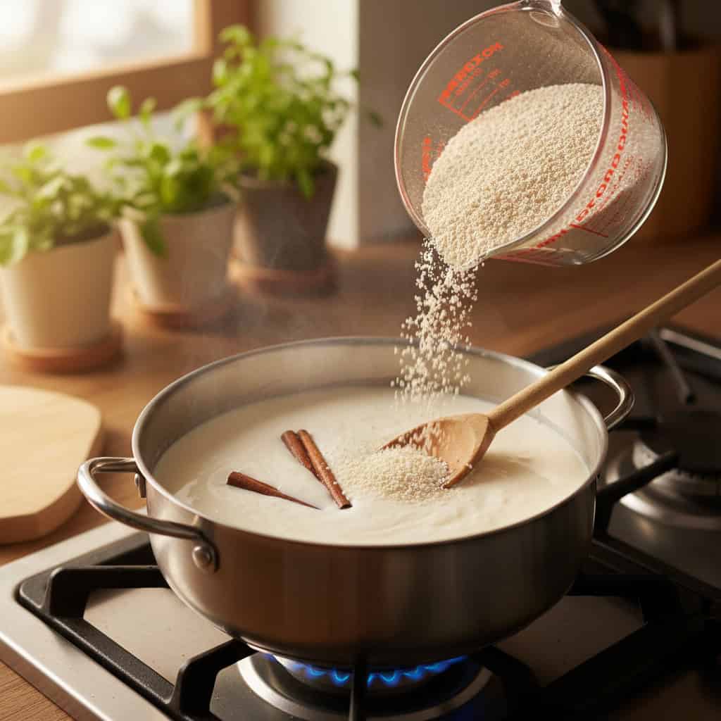 Combining milk and farina in a saucepan to make Dominican cream of wheat