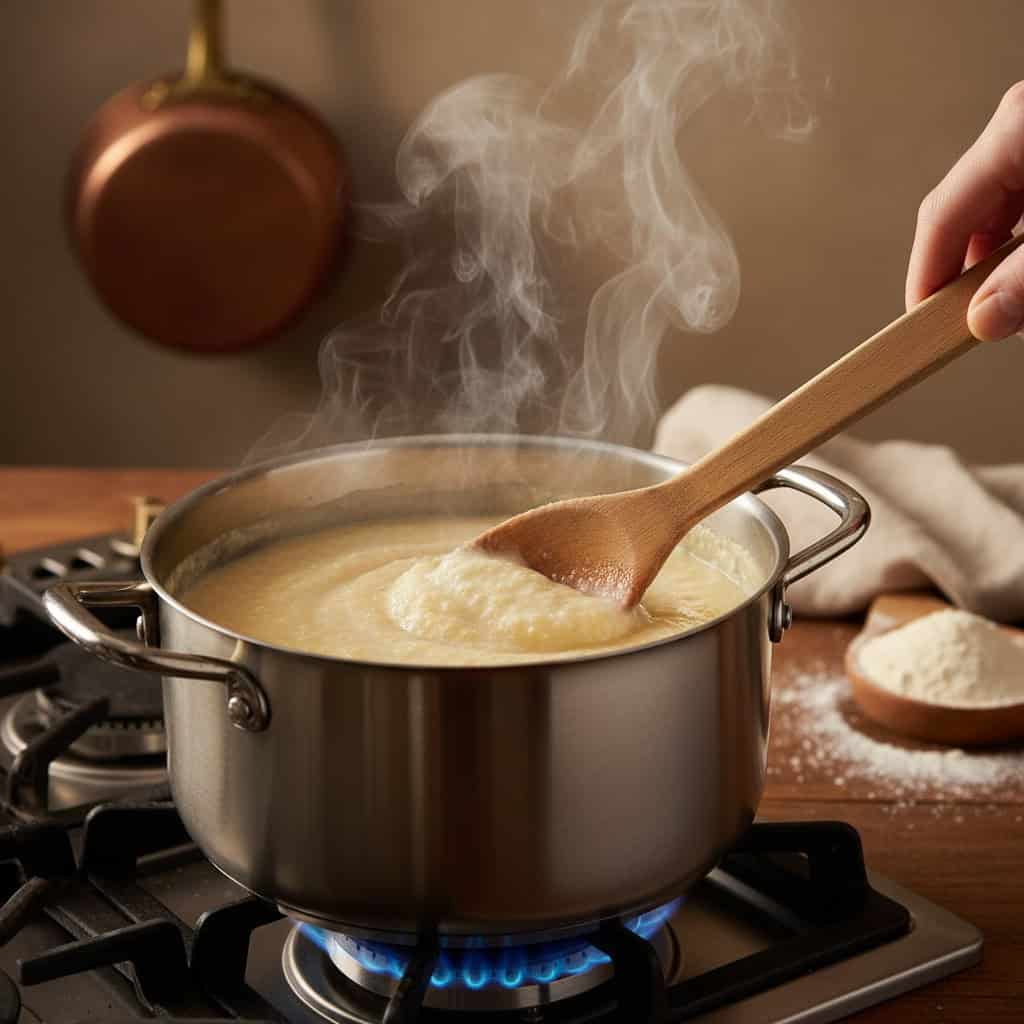 Stirring Dominican farina over medium heat until thick and creamy
