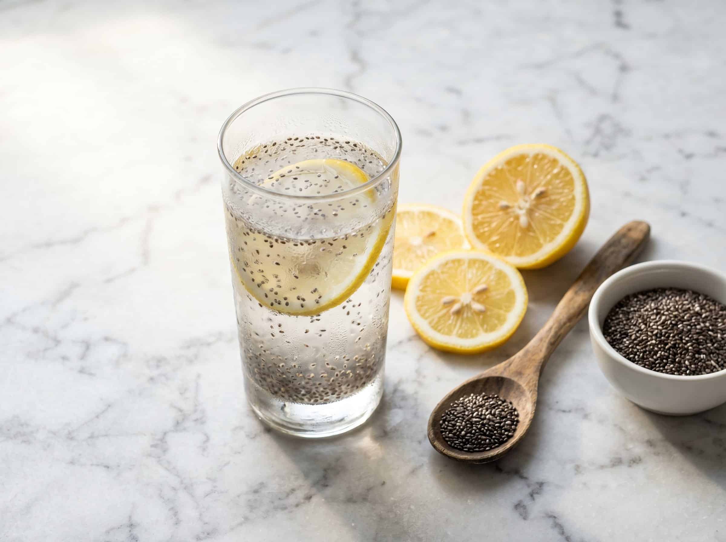 The Internal Shower Drink: What Chia Seed Lemon Water Actually Does to Your Gut Glass of chia seed lemon water on a white marble countertop