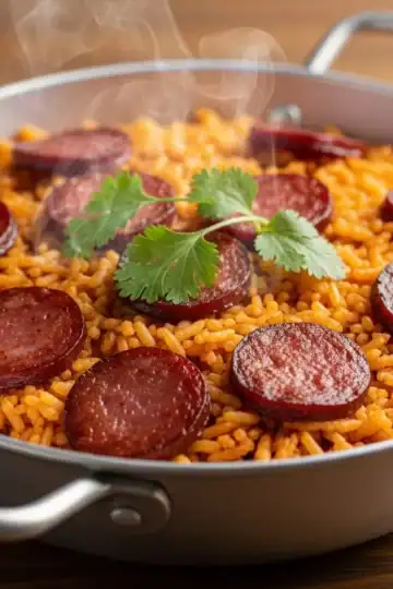 Locrio de salami in a traditional caldero — golden-red Dominican rice and Dominican-style salami