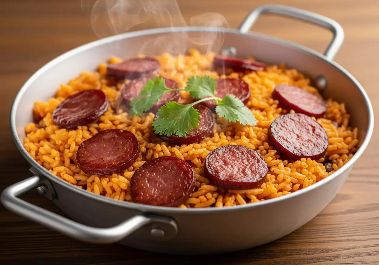 Locrio de Salami Recipe Locrio de salami in a traditional caldero — golden-red Dominican rice and Dominican-style salami