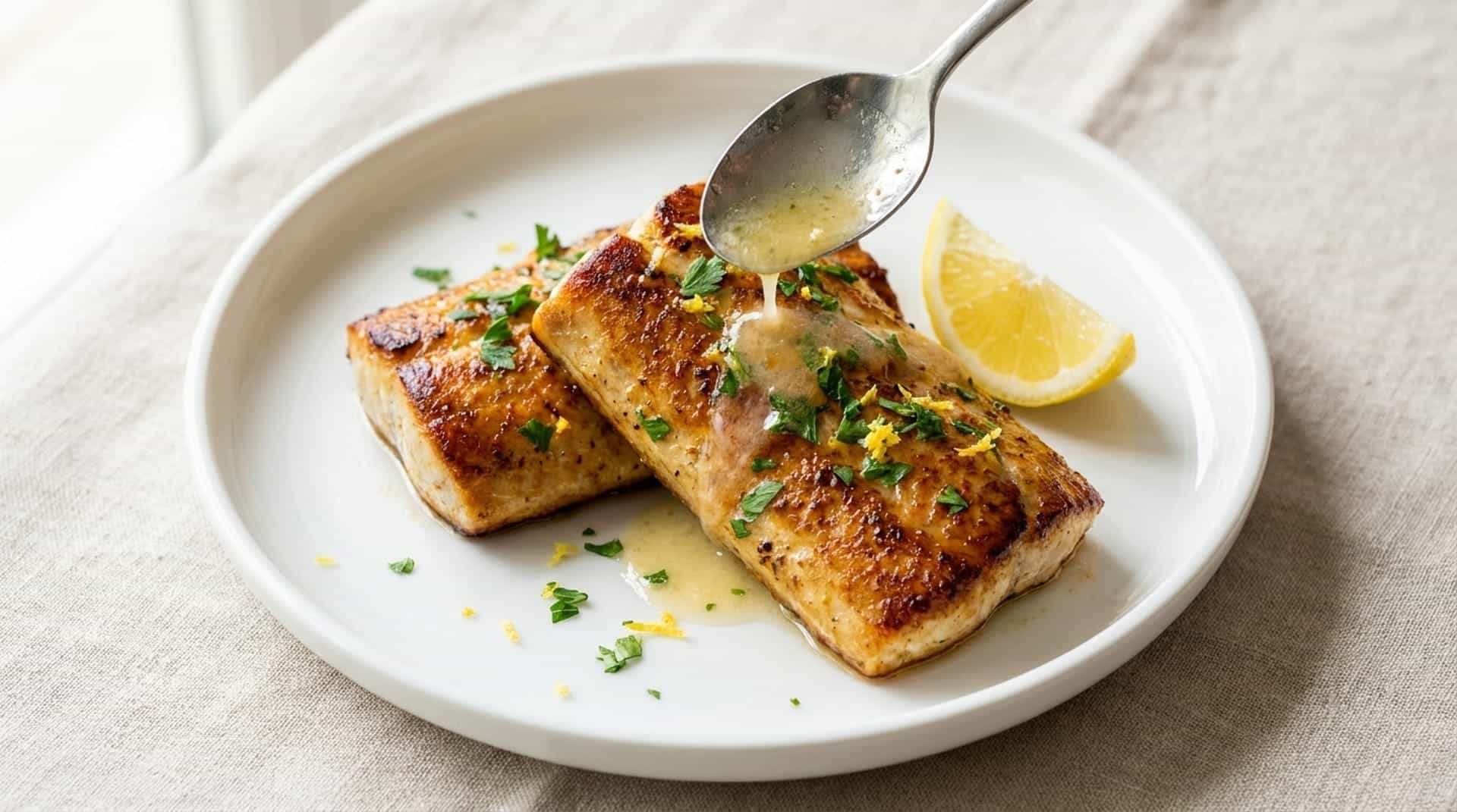 Pan-seared mahi mahi fillets topped with lemon garlic butter sauce and parsley on a white plate