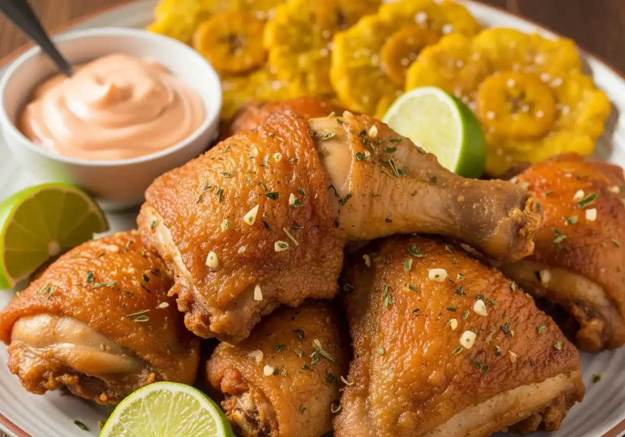 Pollo Frito Dominicano Recipe Crispy Dominican fried chicken pieces on a rustic plate with lime
