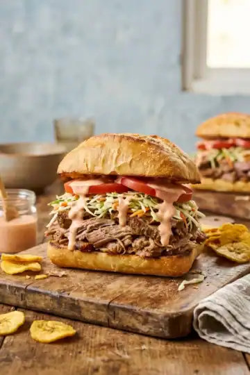 Sandwich de pierna dominicano with pulled pork, cabbage slaw, and tomato on a fresh bun