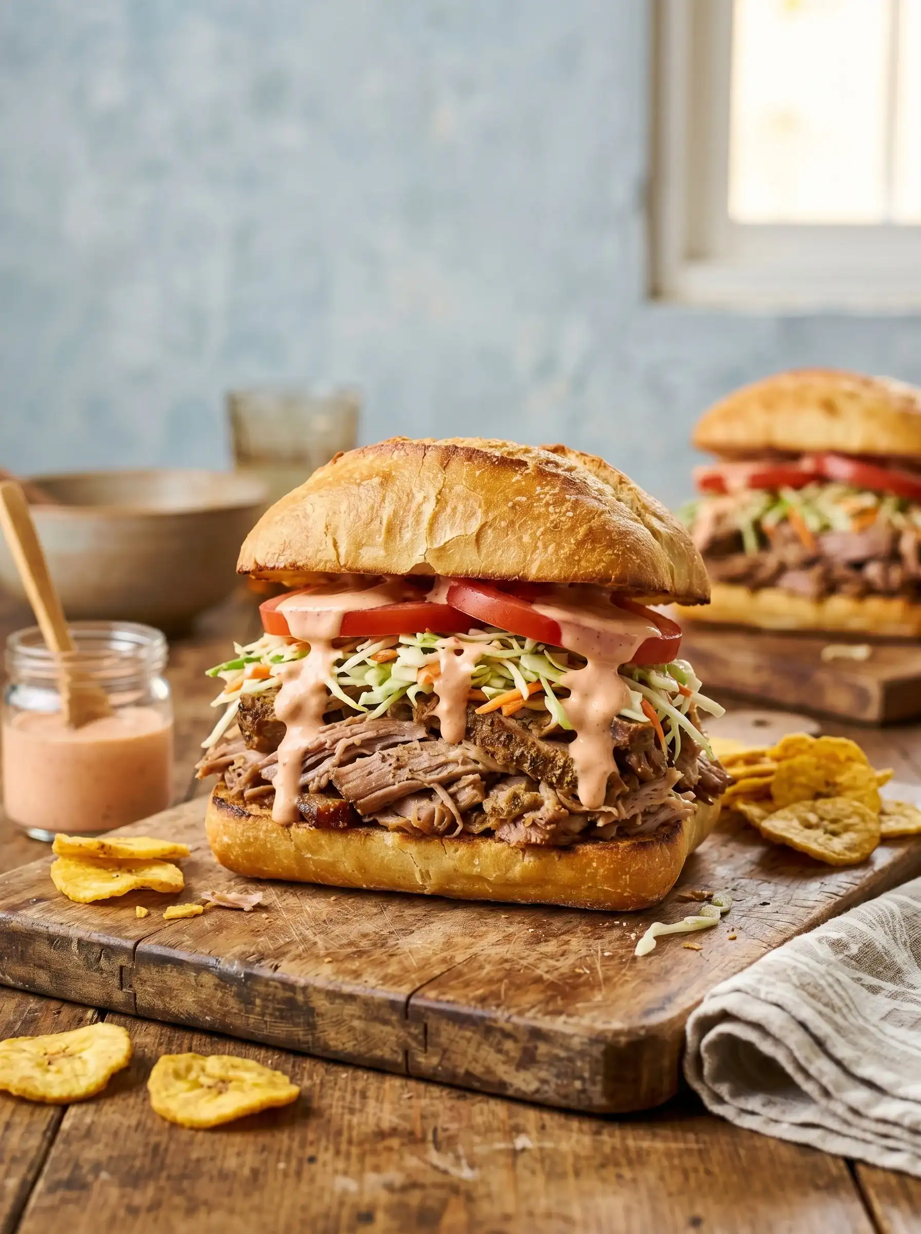 Sandwich de pierna dominicano with pulled pork, cabbage slaw, and tomato on a fresh bun