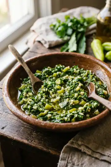 Dominican sofrito in a glass jar surrounded by fresh peppers, garlic, onion, and cilantro