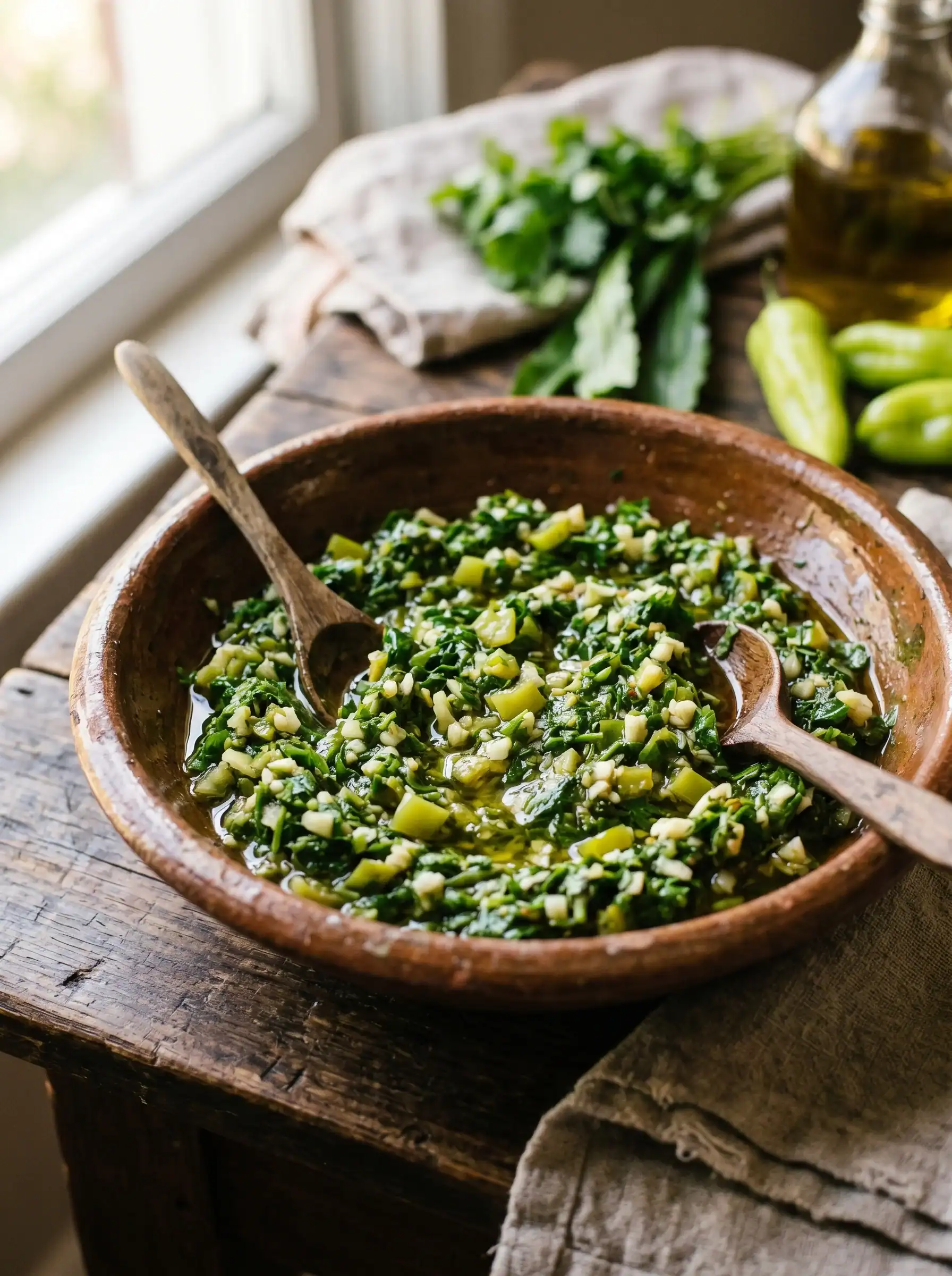 Dominican sofrito in a glass jar surrounded by fresh peppers, garlic, onion, and cilantro