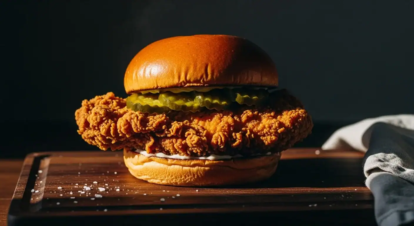 Crispy buttermilk fried chicken sandwich with brioche bun and pickles
