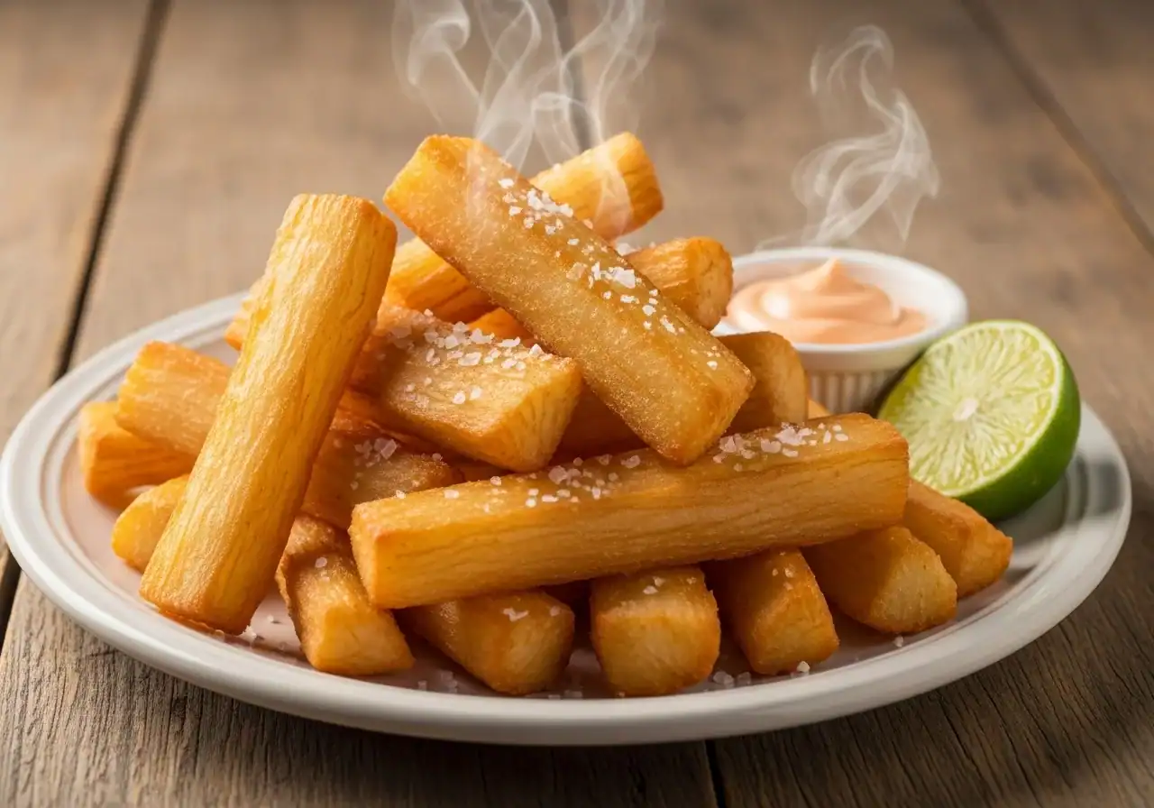 Yuca Fries Recipe (Dominican Style) Crispy golden Dominican yuca fries piled on a rustic plate with garlic dip