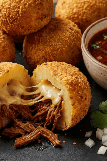 Golden crispy air fryer birria quesa rellenos stuffed with melted cheese and shredded beef, served with birria consommé
