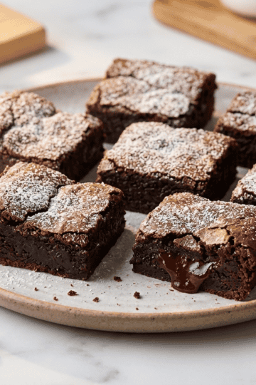 Fudgy air fryer brownies cut into squares on a marble surface with chocolate chips