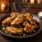 Air Fryer Cajun Chicken Wings with Remoulade Sauce on a dark plate