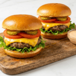 Air Fryer Cheeseburgers (Juicy, Easy, 15-Minute Recipe) Air fryer cheeseburgers with melted American cheese, lettuce, tomato, and special burger sauce on a cutting board