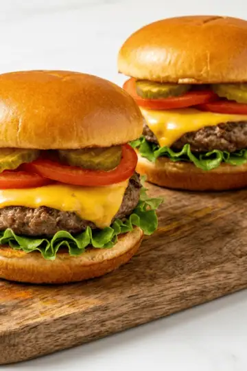 Air fryer cheeseburgers with melted American cheese, lettuce, tomato, and special burger sauce on a cutting board