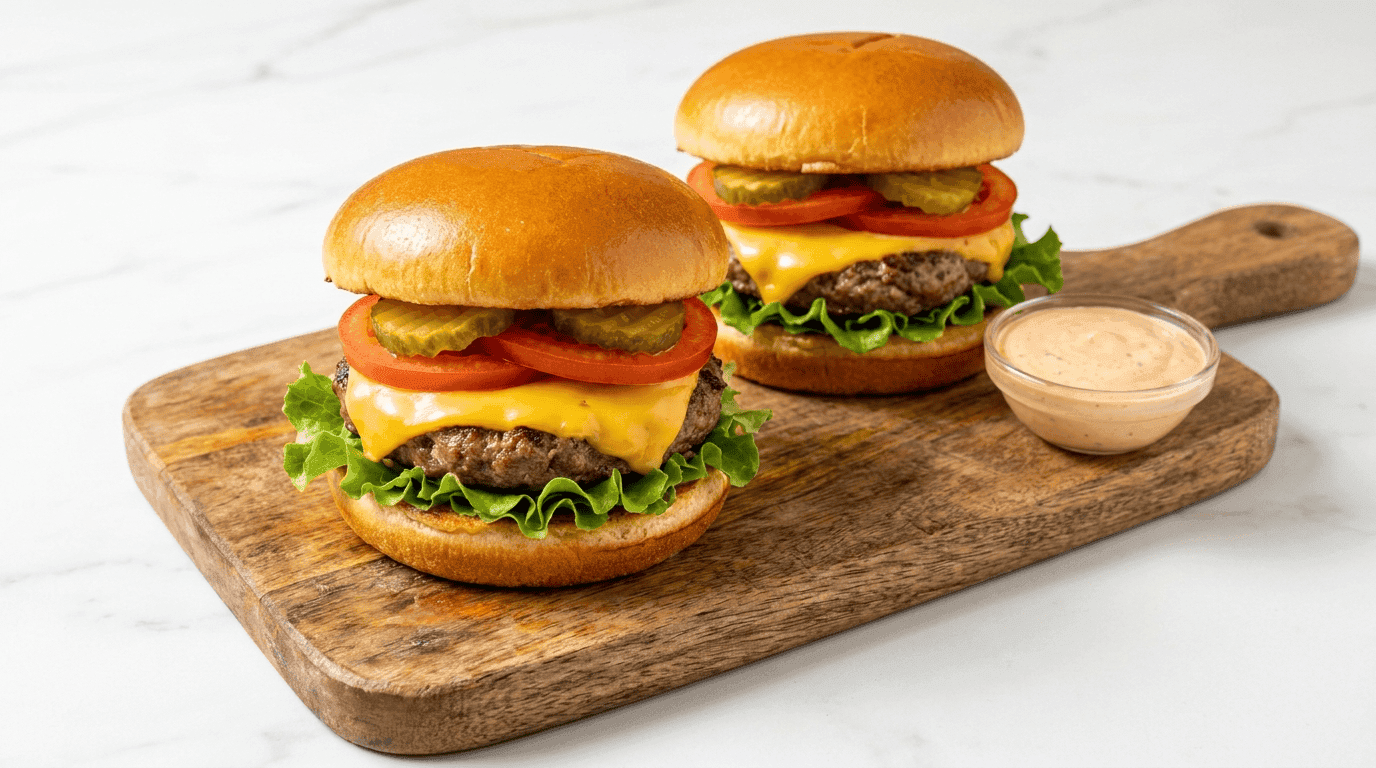 Air fryer cheeseburgers with melted American cheese, lettuce, tomato, and special burger sauce on a cutting board