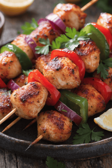 Air Fryer Chicken Kabobs on wooden skewers with colorful bell peppers and onions