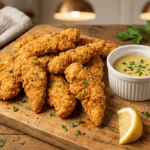Crispy golden air fryer chicken tenders served with honey mustard dipping sauce