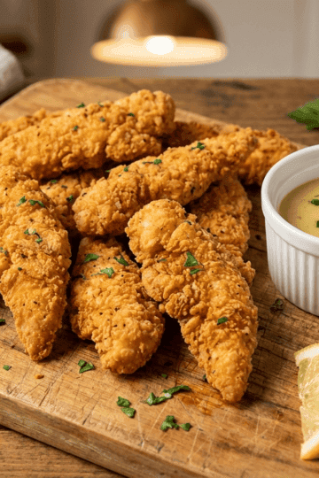 Crispy golden air fryer chicken tenders served with honey mustard dipping sauce