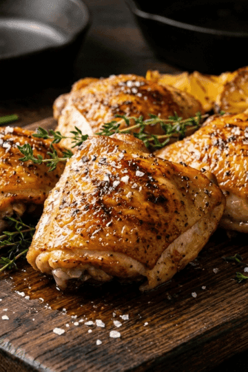 Crispy golden-brown air fryer chicken thighs on a cutting board