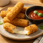 Crispy golden air fryer mozzarella sticks on a plate with marinara dipping sauce