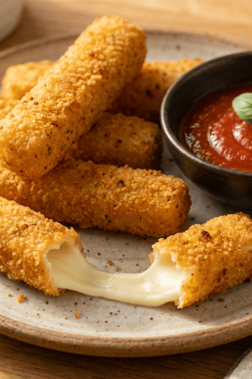 Crispy golden air fryer mozzarella sticks on a plate with marinara dipping sauce